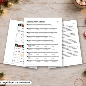 K&ouml;nnte beinhalten: Drei bedruckte Papierb&ouml;gen mit Aktivit&auml;ten zum Thema Weihnachten, darunter ein 'Traditions Around the World'-Quiz mit zehn nummerierten Fragen, zwei Bingokarten mit weihnachtlichen Begriffen und eine Kurzgeschichte mit Text &uuml;ber links und rechts.