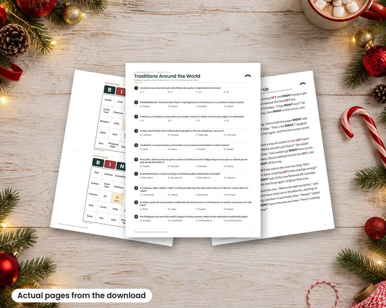 K&ouml;nnte beinhalten: Drei bedruckte Papierb&ouml;gen mit Aktivit&auml;ten zum Thema Weihnachten, darunter ein 'Traditions Around the World'-Quiz mit zehn nummerierten Fragen, zwei Bingokarten mit weihnachtlichen Begriffen und eine Kurzgeschichte mit Text &uuml;ber links und rechts.