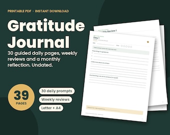 Diario della gratitudine stampabile senza data, 39 pagine, download immediato, diario della gratitudine di 30 giorni, PDF per la cura di sé basata sulla consapevolezza, spunti giornalieri