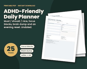 Agenda giornaliera per ADHD stampabile, senza data, 25 pagine, download immediato, blocchi di focalizzazione, indispensabile, bello, agenda per neurodivergenti, PDF per svuotare la mente