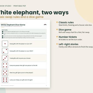K&ouml;nnte beinhalten: Ein druckbares PDF-Dokument mit dem Titel White Elephant, two ways, das eine Spielanleitung f&uuml;r das White Elephant W&uuml;rfelspiel mit einer W&uuml;rfel-Tausch-Tabelle enth&auml;lt. Die Tabelle zeigt sechs W&uuml;rfelseiten mit Regeln zum Tauschen, Stehlen oder Weitergeben.