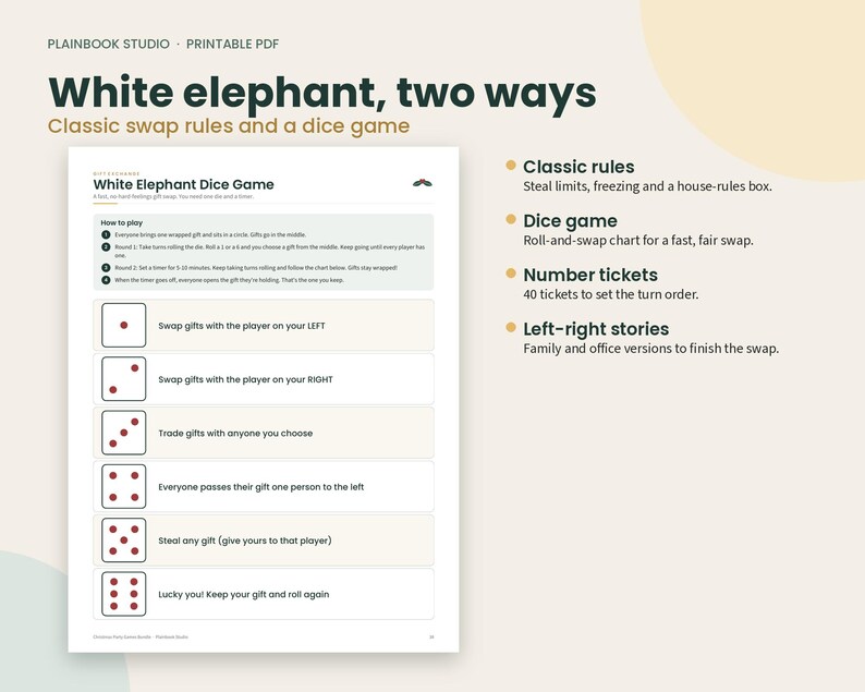 K&ouml;nnte beinhalten: Ein druckbares PDF-Dokument mit dem Titel White Elephant, two ways, das eine Spielanleitung f&uuml;r das White Elephant W&uuml;rfelspiel mit einer W&uuml;rfel-Tausch-Tabelle enth&auml;lt. Die Tabelle zeigt sechs W&uuml;rfelseiten mit Regeln zum Tauschen, Stehlen oder Weitergeben.
