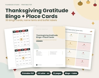 May include: A printable PDF set titled Thanksgiving Gratitude Bingo + Place Cards, featuring 30 bingo cards, name tents, and buffet labels. The document includes pages with bingo grids, a table of contents, and blank place cards in soft colors.