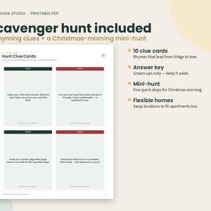 May include: A printable PDF scavenger hunt set featuring 10 rhyming clue cards and a Christmas-morning mini-hunt. The document includes an answer key and instructions for flexible home use, with text detailing clues for locations like the fridge and drawers.