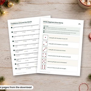 K&ouml;nnte beinhalten: Zwei wei&szlig;e Papierb&ouml;gen mit Aktivit&auml;ten zum Thema Weihnachten. Das linke Blatt tr&auml;gt den Titel Traditions Around the World mit zehn nummerierten Fragen. Das rechte Blatt tr&auml;gt den Titel White Elephant Dice Game mit sechs Spielregeln.