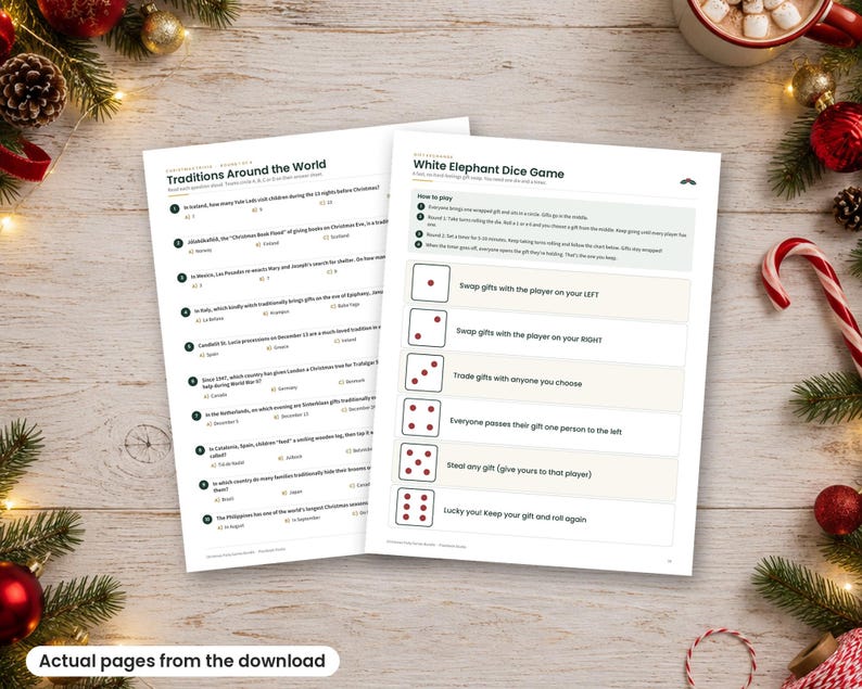 K&ouml;nnte beinhalten: Zwei wei&szlig;e Papierb&ouml;gen mit Aktivit&auml;ten zum Thema Weihnachten. Das linke Blatt tr&auml;gt den Titel Traditions Around the World mit zehn nummerierten Fragen. Das rechte Blatt tr&auml;gt den Titel White Elephant Dice Game mit sechs Spielregeln.