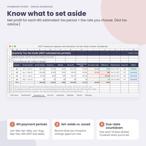 May include: A digital spreadsheet titled 2027-Freelancer-Expense-and-Quarterly-Tax-Set-Aside-Tracker-Sample.xlsx. The table displays columns for quarterly income, expenses, net profit, suggested set-aside, and payment status with rows for Q1 through Q4.