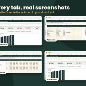 May include: Four digital spreadsheet screenshots labeled Dashboard, Accounts, Balances, and Breakdown. The text Every tab, real screenshots from the Sample file included in your download appears at the top. The interface displays financial data, net worth metrics, and bar charts in a clean, organized grid format with dark green headers.