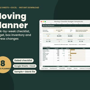 Pu&ograve; includere: Un pianificatore di traslochi digitale per Google Sheets ed Excel con una dashboard che include una lista di controllo, un tracker di budget, un inventario di scatole e un registro di cambi di indirizzo con tabelle e barre di avanzamento.