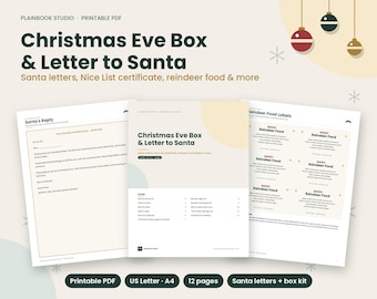 Kit per la scatola della Vigilia di Natale stampabile, lettera a Babbo Natale, risposta a Babbo Natale, certificato di buoni voti, etichetta per il cibo delle renne, tappetino per biscotti