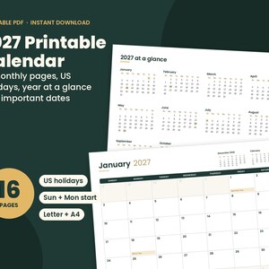 May include: A 2027 printable calendar featuring 16 pages, including a year-at-a-glance view and 12 monthly pages with US holidays. The design includes a grid layout for January 2027 with Sunday and Monday start options, formatted for Letter and A4 paper.