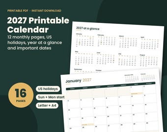 Könnte beinhalten: Ein druckbarer Kalender für 2027 mit 16 Seiten, einschließlich einer Jahresübersicht und 12 Monatsseiten mit US-Feiertagen. Das Design zeigt ein Raster für Januar 2027 mit Startoptionen für Sonntag und Montag, passend für Letter- und A4-Papier.