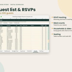 May include: A digital guest list and RSVP spreadsheet template titled Plainbook Studio. The interface displays columns for guest names, households, sides, and groups. Text highlights features including RSVP tracking, meal counts, and seating.