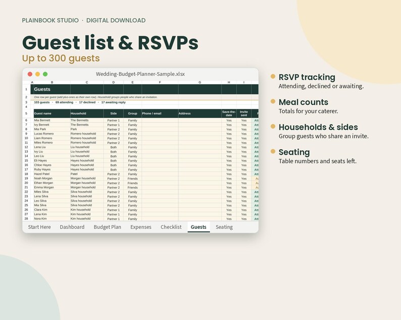 May include: A digital guest list and RSVP spreadsheet template titled Plainbook Studio. The interface displays columns for guest names, households, sides, and groups. Text highlights features including RSVP tracking, meal counts, and seating.