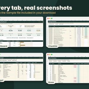 Pu&ograve; includere: Quattro screenshot di fogli di calcolo digitali intitolati Every tab, real screenshots. Le viste includono una dashboard, una lista di controllo, un budget e un inventario di scatole. Intestazioni verde scuro, celle bianche e colonne organizzate.