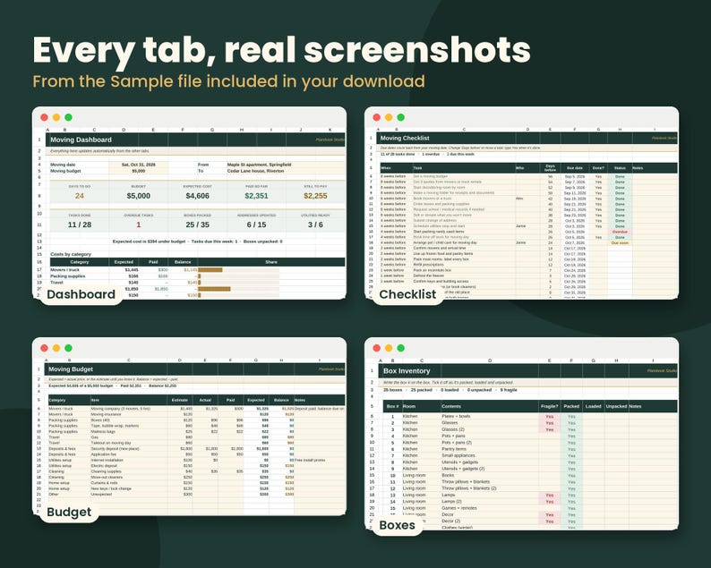 Pu&ograve; includere: Quattro screenshot di fogli di calcolo digitali intitolati Every tab, real screenshots. Le viste includono una dashboard, una lista di controllo, un budget e un inventario di scatole. Intestazioni verde scuro, celle bianche e colonne organizzate.