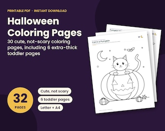 Disegni da colorare di Halloween stampabili, 32 pagine, download immediato, 30 simpatici disegni da colorare per bambini, libro da colorare per bambini in PDF, zucca, fantasma, strega