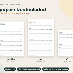 May include: A digital menu planner template set featuring three paper sizes: US Letter at 8.5 by 11 inches, A4 at 210 by 297 mm, and A5 at 148 by 210 mm. The white pages include sections for appetizers, mains, sides, salads, desserts, and drinks.