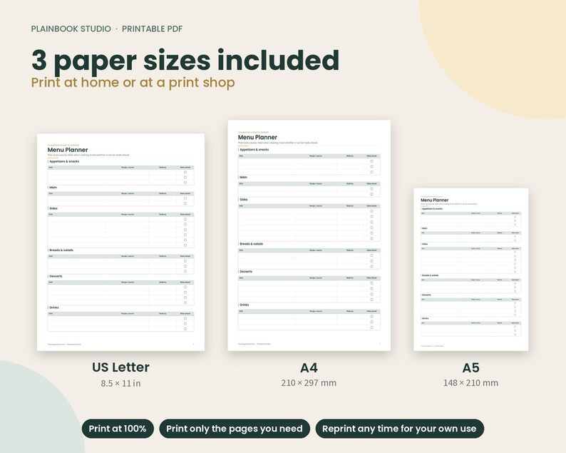 May include: A digital menu planner template set featuring three paper sizes: US Letter at 8.5 by 11 inches, A4 at 210 by 297 mm, and A5 at 148 by 210 mm. The white pages include sections for appetizers, mains, sides, salads, desserts, and drinks.