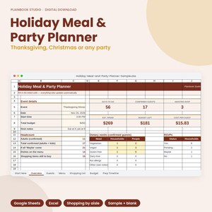 May include: A digital Holiday Meal & Party Planner spreadsheet template for Google Sheets and Excel. The interface displays event details, headcount, dietary needs, and RSVP status with brown headers and white cells for organized party planning.