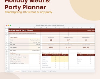 Könnte beinhalten: Eine digitale Tabellenvorlage für einen Holiday Meal & Party Planner für Google Sheets und Excel. Die Benutzeroberfläche zeigt Veranstaltungsdetails, Gästezahlen, Ernährungsbedürfnisse und RSVP-Status mit braunen Kopfzeilen und weißen Zellen.