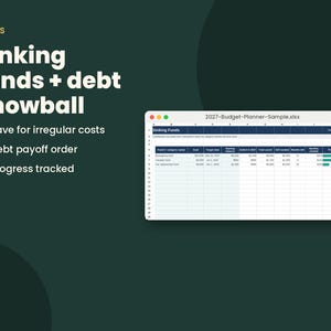 May include: A digital budget planner spreadsheet titled 2027-Budget-Planner-Sample.xlsx displayed on a screen. The text GOALS, Sinking funds + debt snowball, Save for irregular costs, Debt payoff order, and Progress tracked appear on the left.