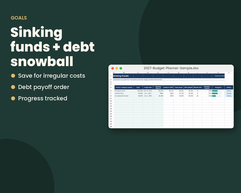 May include: A digital budget planner spreadsheet titled 2027-Budget-Planner-Sample.xlsx displayed on a screen. The text GOALS, Sinking funds + debt snowball, Save for irregular costs, Debt payoff order, and Progress tracked appear on the left.