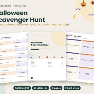 May include: A printable Halloween Scavenger Hunt PDF set featuring three pages with checklists and clue cards. The documents include text such as Halloween Scavenger Hunt, Indoor Scavenger Hunt, and Clue Cards - Hide These, with icons of pumpkins, moons, and spiders in orange, purple, and cream colors.