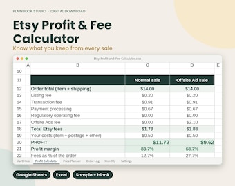 Foglio di calcolo per il calcolo di profitti e commissioni su Etsy, strumento per la definizione dei prezzi per i venditori Etsy, Fogli Google ed Excel, calcolatore delle commissioni di Etsy