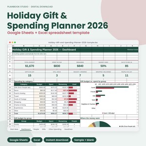 May include: A digital Holiday Gift & Spending Planner 2026 spreadsheet template for Google Sheets and Excel. The dashboard displays a total budget of $1,670, spending categories, a gift budget versus spending bar chart, and a pie chart summary.