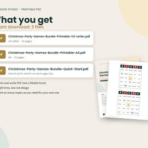 K&ouml;nnte beinhalten: Ein digitales Paket mit druckbaren Weihnachts-Partyspielen, bestehend aus drei PDF-Dateien: Christmas-Party-Games-Bundle-Printable-US-Letter.pdf, Christmas-Party-Games-Bundle-Printable-A4.pdf und Christmas-Party-Games-Bundle-Quick-Start.pdf, inklusive Bingokarten.