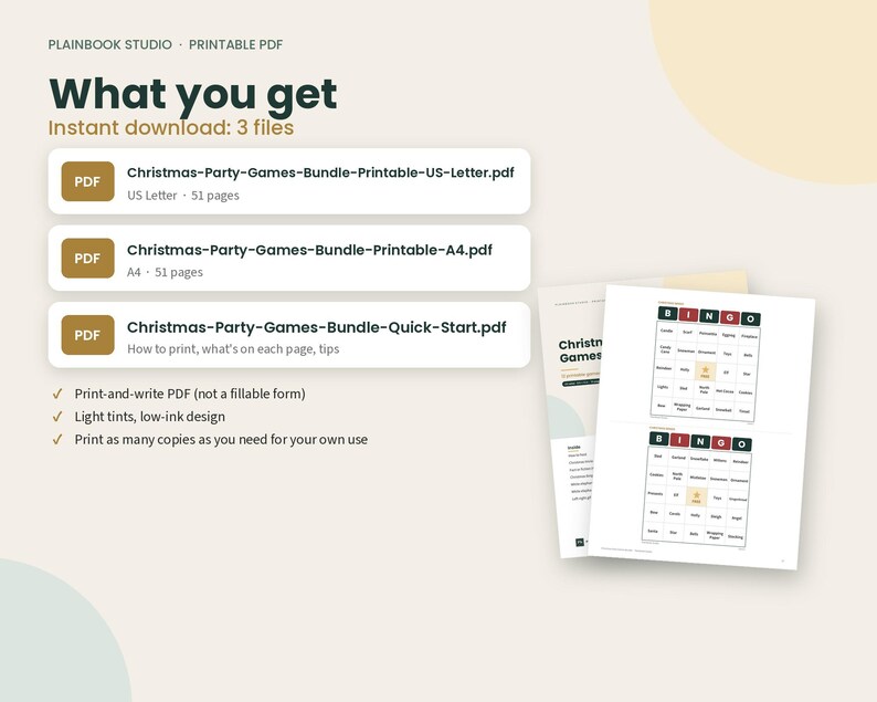K&ouml;nnte beinhalten: Ein digitales Paket mit druckbaren Weihnachts-Partyspielen, bestehend aus drei PDF-Dateien: Christmas-Party-Games-Bundle-Printable-US-Letter.pdf, Christmas-Party-Games-Bundle-Printable-A4.pdf und Christmas-Party-Games-Bundle-Quick-Start.pdf, inklusive Bingokarten.