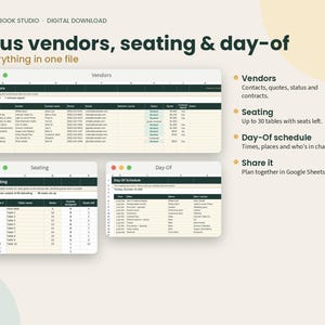 May include: A digital planning template for weddings featuring three spreadsheet windows labeled Vendors, Seating, and Day-Of. The text reads Plainbook Studio, Digital Download, Plus vendors, seating & day-of, Everything in one file, and lists features.