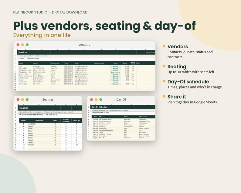 May include: A digital planning template for weddings featuring three spreadsheet windows labeled Vendors, Seating, and Day-Of. The text reads Plainbook Studio, Digital Download, Plus vendors, seating & day-of, Everything in one file, and lists features.