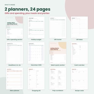 May include: A set of two planners containing 24 pages for holiday gift, spending, meal, and party organization. The document includes sections for holiday budgets, gift trackers, gift ideas, deadlines, to-do lists, a December 2026 calendar, and recipe cards.