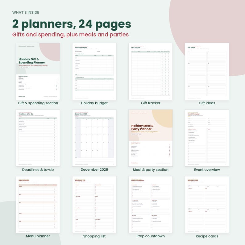 May include: A set of two planners containing 24 pages for holiday gift, spending, meal, and party organization. The document includes sections for holiday budgets, gift trackers, gift ideas, deadlines, to-do lists, a December 2026 calendar, and recipe cards.