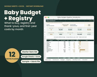 May include: A digital spreadsheet template titled Baby Budget + Registry for Google Sheets and Excel. The interface displays a Baby Dashboard with financial tracking, categories for baby items, and a 12-month planner for expenses.