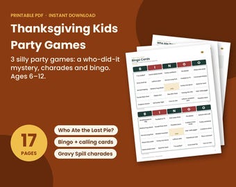 Pacchetto di giochi stampabili per feste di compleanno per bambini a tema Ringraziamento, 17 pagine, download immediato, bingo "Chi ha mangiato l'ultima torta?", giochi di mimo in formato PDF
