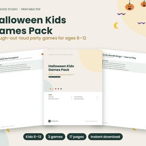 May include: A printable Halloween Kids Games Pack featuring three party games for ages 6-12. The document includes instructions for Who Peed the Pumpkin and Candy Bandit Bingo, with a total of 17 pages in a digital format for instant download.