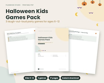 Pacchetto di giochi stampabili per feste di Halloween per bambini, 17 pagine, download immediato, bingo "Chi ha fatto la pipì sulla zucca?", mimo (PDF)