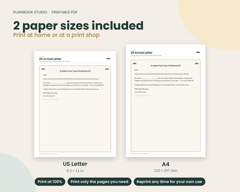 May include: A printable PDF set featuring two Elf Arrival Letter templates. The documents include the text A Letter From Your Christmas Elf with blank lines for customization. The image displays US Letter 8.5 x 11 in and A4 210 x 297 mm sizes.