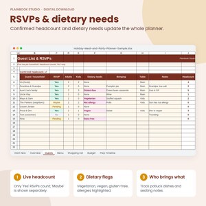 May include: A digital spreadsheet template titled Holiday-Meal-and-Party-Planner-Sample.xlsx featuring a Guest List & RSVPs table. Columns include guest names, RSVP status, adult and kid counts, dietary needs, dishes, table assignments, and notes.