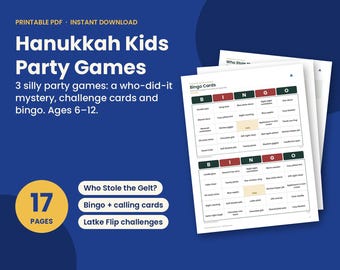 Pacchetto di giochi stampabili per feste di Hanukkah per bambini, 17 pagine, download immediato, sfide del Bingo "Chi ha rubato i Gelt?" in formato PDF