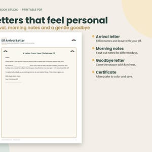 May include: A printable PDF document titled Letters that feel personal, featuring an Elf Arrival Letter template with blank spaces for names. The page includes text about arrival, morning notes, and a goodbye letter, with a list of contents.