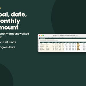 K&ouml;nnte beinhalten: Eine digitale Tabellenkalkulation mit dem Titel Sinking-Funds-Tracker-Sample.xlsx auf einem Bildschirm. Der Text lautet FUNDS, Goal, date, monthly amount, Monthly amount worked out, Up to 20 funds und Progress bars. Die Tabelle enth&auml;lt Spalten f&uuml;r Fonds, Kategorie, Ziel, Zieldatum und Status.