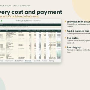 May include: A digital wedding budget planner spreadsheet displayed on a screen. The interface features columns for expenses, vendors, estimates, actual prices, expected costs, paid amounts, balances, due dates, and status, with tabs for navigation.