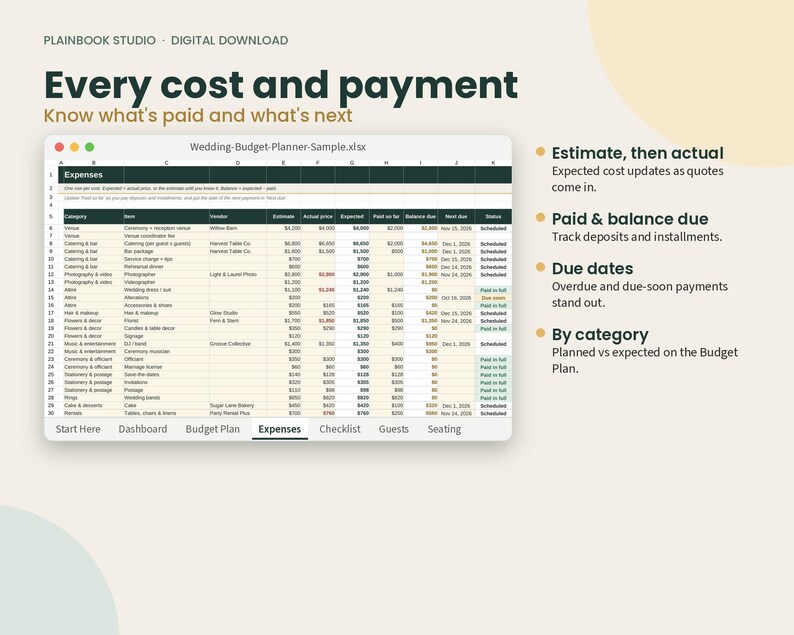 May include: A digital wedding budget planner spreadsheet displayed on a screen. The interface features columns for expenses, vendors, estimates, actual prices, expected costs, paid amounts, balances, due dates, and status, with tabs for navigation.