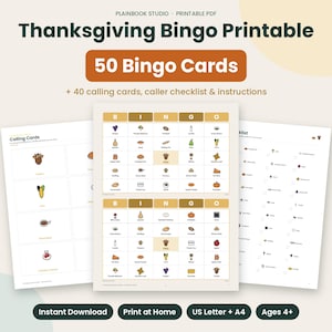 May include: A Thanksgiving Bingo printable set featuring 50 bingo cards, 40 calling cards, a caller checklist, and instructions. The documents display grid layouts with icons of turkeys, pumpkins, corn, and pies in orange and brown tones.