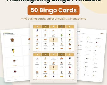 Bingo del Ringraziamento stampabile, 50 cartelle del bingo illustrate, 33 pagine, download immediato, gioco per feste autunnali per bambini, attività per la cena in famiglia in formato PDF