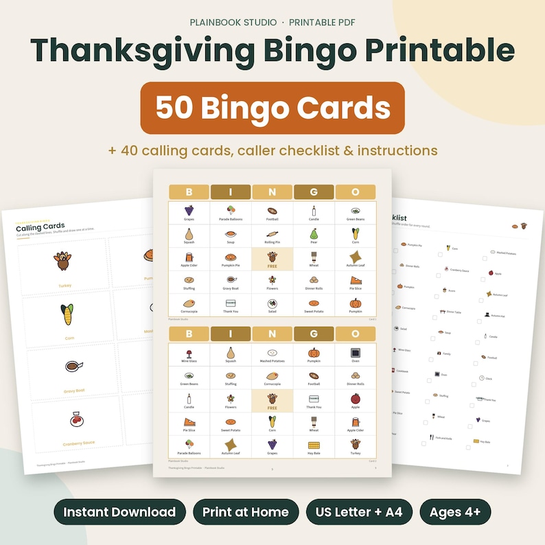 May include: A Thanksgiving Bingo printable set featuring 50 bingo cards, 40 calling cards, a caller checklist, and instructions. The documents display grid layouts with icons of turkeys, pumpkins, corn, and pies in orange and brown tones.